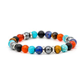Handcrafted men’s bracelet with Turquoise, Yellow Tiger Eye, Onyx, Carnelian, Lapis Lazuli, and Hematite beads on white background, designed for confidence and success.